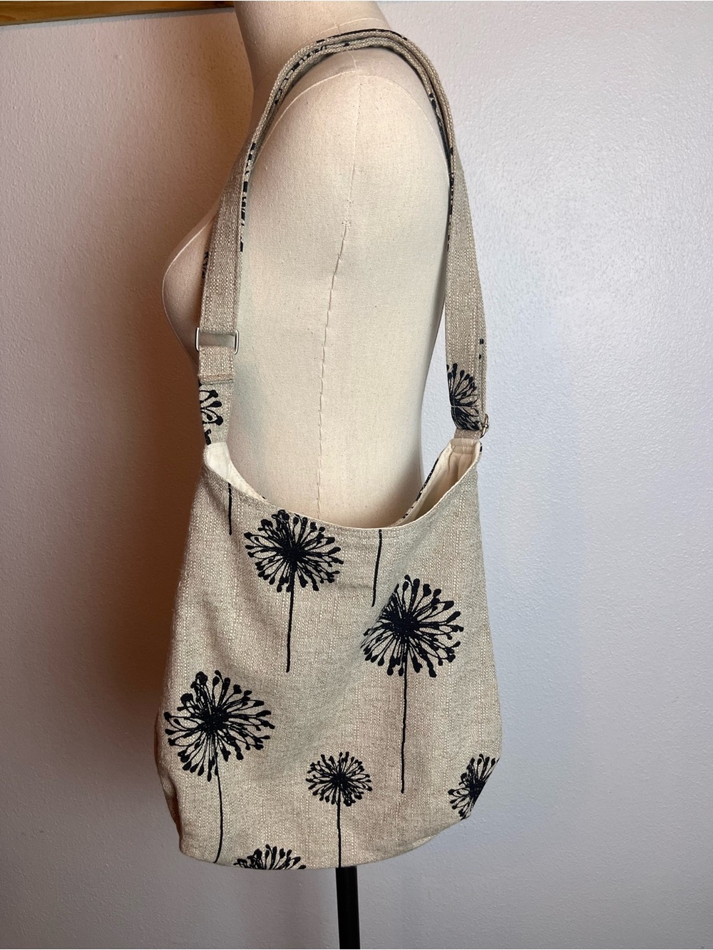 Handmade Canvas Shoulder Bag Hobo Bag with Black Floral Print - Beige